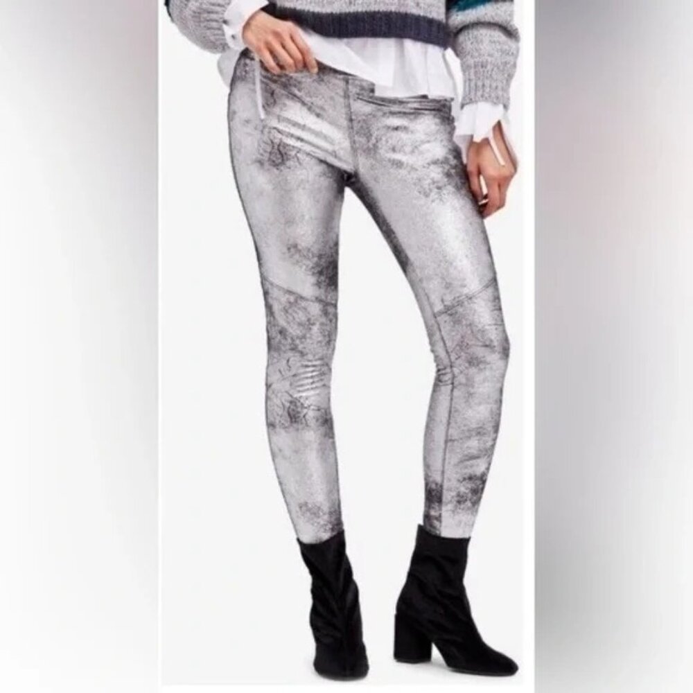 Free People Metallic Legging Sz 27 Small Shark Silver Black Faux Leather Sparkly